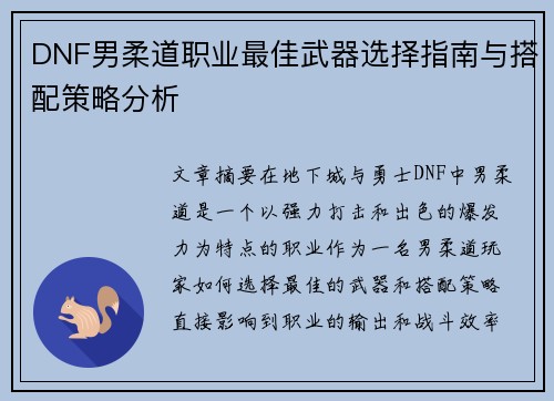 DNF男柔道职业最佳武器选择指南与搭配策略分析