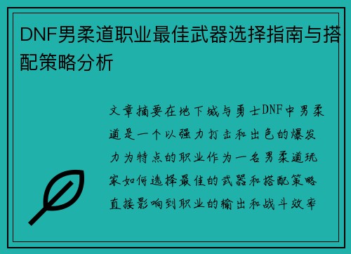DNF男柔道职业最佳武器选择指南与搭配策略分析